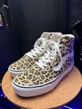 Vans Tan and Black Leopard High-Top Sneakers